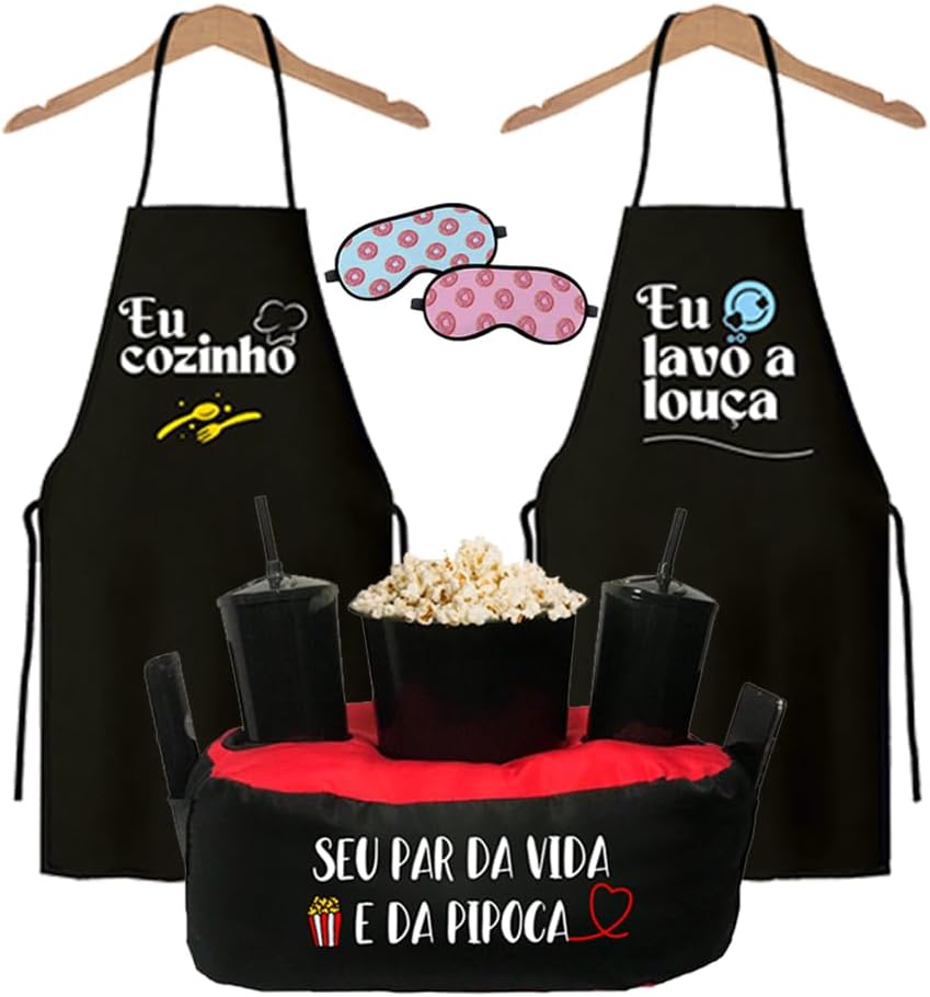 Kit Presente Namorados Almofada Pipoca, Máscaras e Aventais